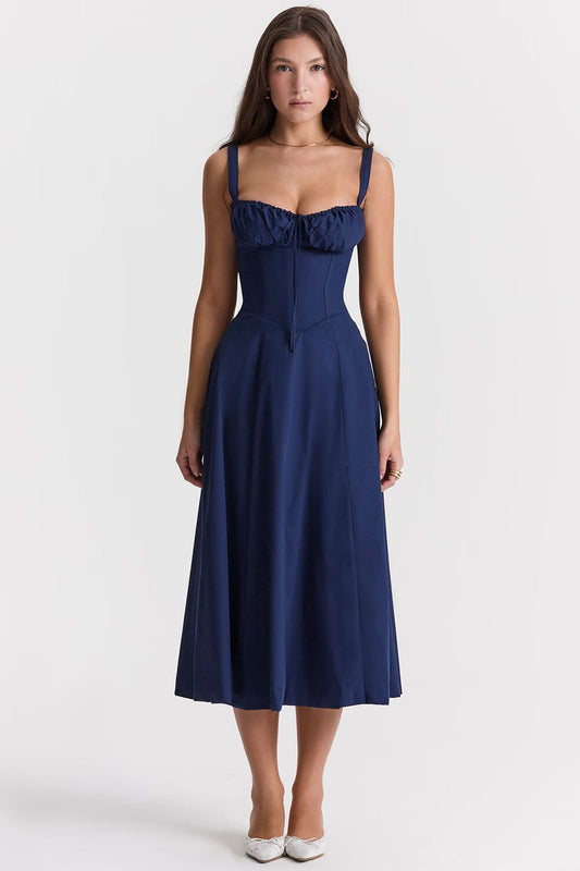 Navy Blue Corset-Style Midi Dress with Lace-Up Back