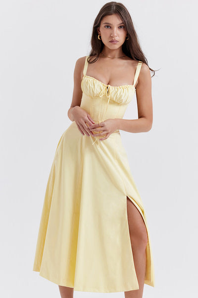 Soft Yellow Corset-Style Midi Dress with Front Slit