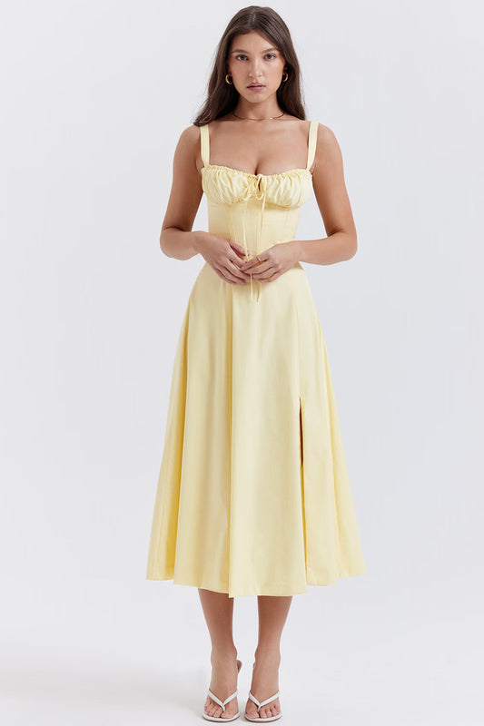 Soft Yellow Corset-Style Midi Dress with Front Slit