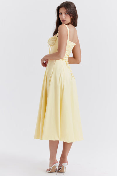 Soft Yellow Corset-Style Midi Dress with Front Slit