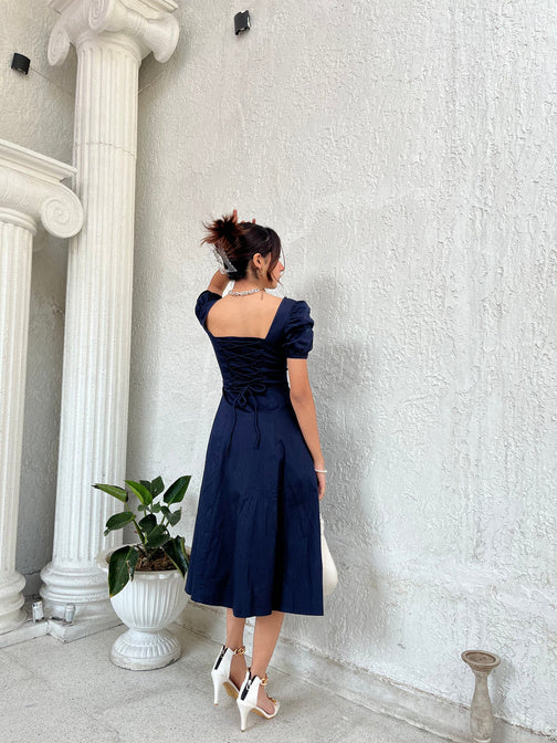 Navy Blue Midi Dress with Puff Sleeves and Front Slit
