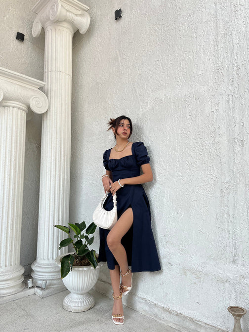 Navy Blue Midi Dress with Puff Sleeves and Front Slit