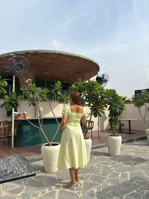 Soft Yellow Midi Dress with Puff Sleeves and Tie Front