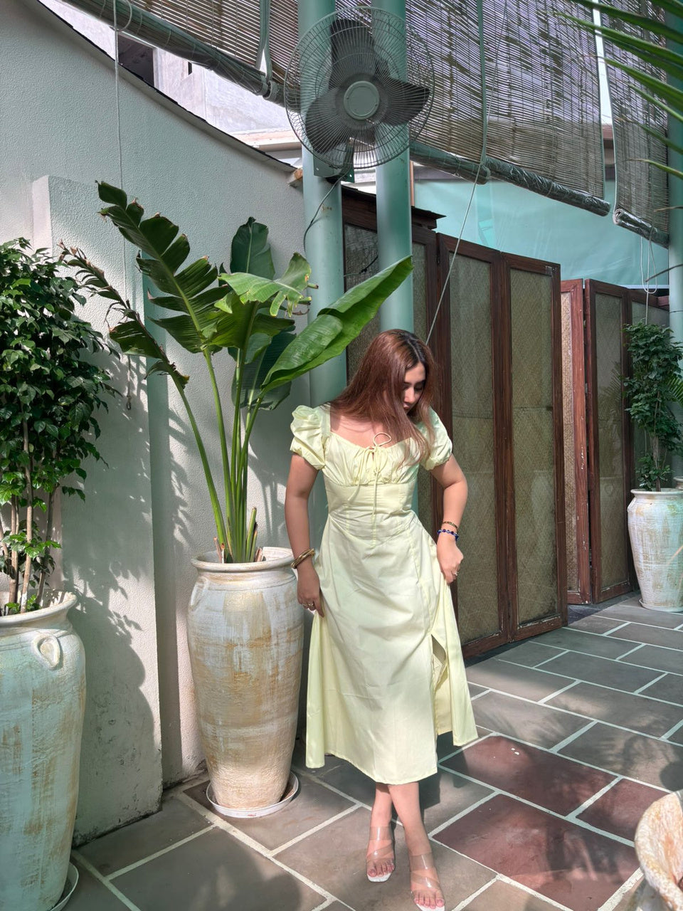 Soft Yellow Midi Dress with Puff Sleeves and Tie Front