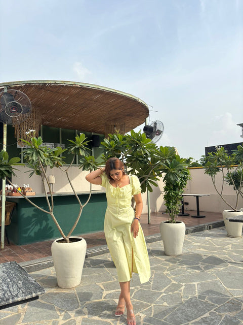 Soft Yellow Midi Dress with Puff Sleeves and Tie Front