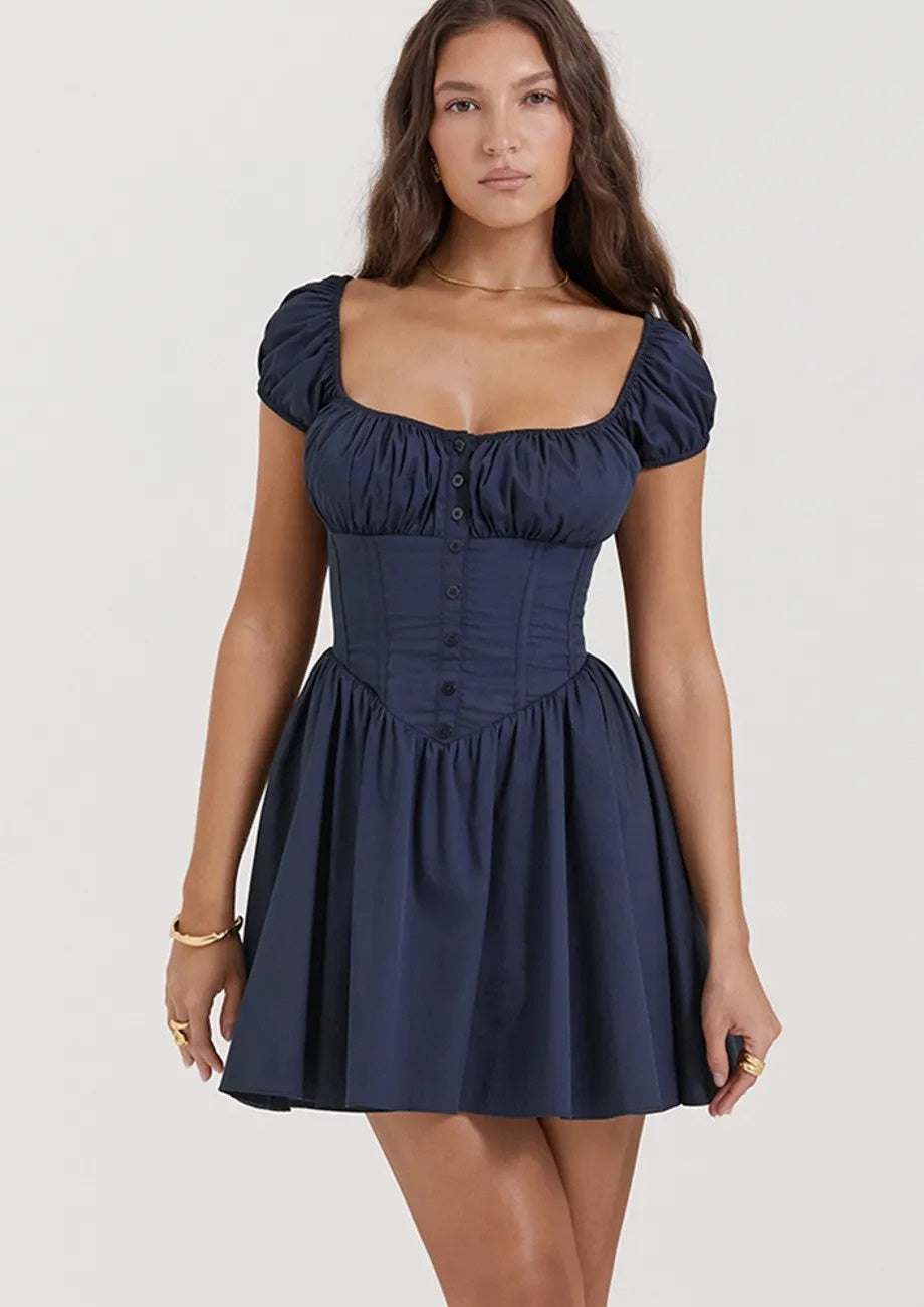 Navy Blue Mini Dress with Puff Sleeves and Button Detail