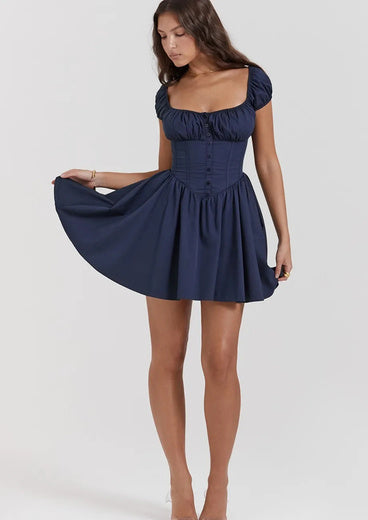 Navy Blue Mini Dress with Puff Sleeves and Button Detail