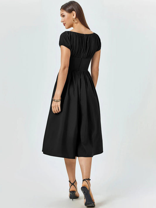 Black Midi Dress with Puff Sleeves and Button-Front Detail