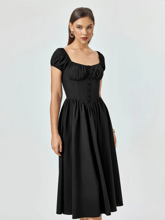 Black Midi Dress with Puff Sleeves and Button-Front Detail