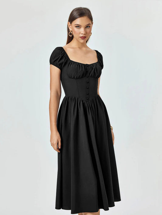 Black Midi Dress with Puff Sleeves and Button-Front Detail