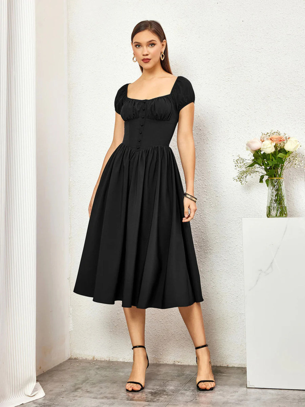 Black Midi Dress with Puff Sleeves and Button-Front Detail