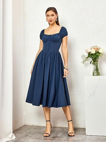 Navy Blue Midi Dress with Puff Sleeves and Gathered Detail