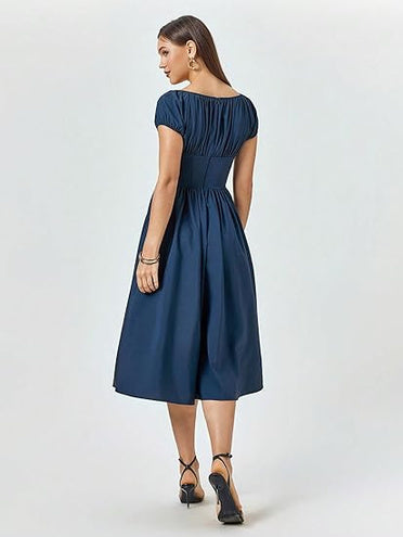 Navy Blue Midi Dress with Puff Sleeves and Gathered Detail