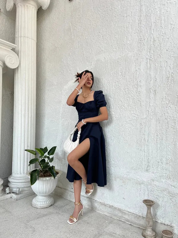 Navy Blue Midi Dress with Puff Sleeves and Front Slit