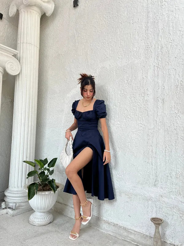 Navy Blue Midi Dress with Puff Sleeves and Front Slit